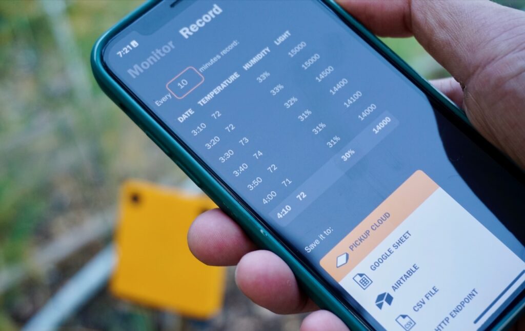 Pickup app displaying Record screen with data table and places to send data